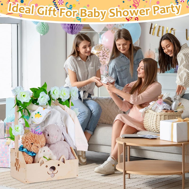 efluky Wooden Baby Shower Crate Closet with Handle, Baby Shower Basket Bear Crate Box, Newborn Boy Girl Welcome Gift Basket,Easy Assembly Baby Baskets for Baby Shower - Image 2